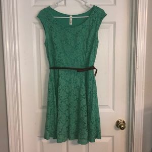 Green dress with brown belt